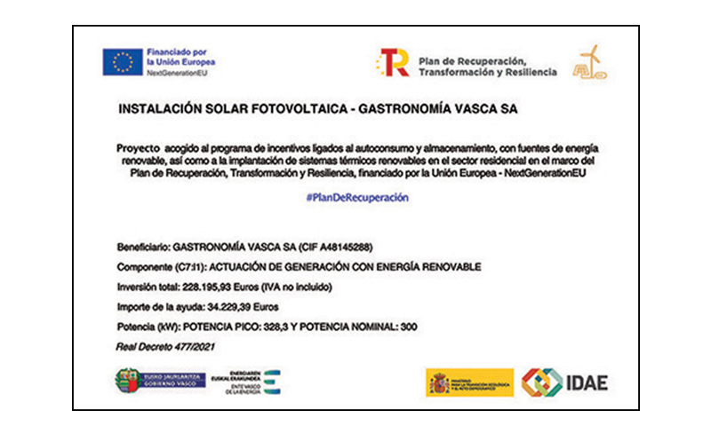 Instalación fotovoltaica en Gastronomía Baska